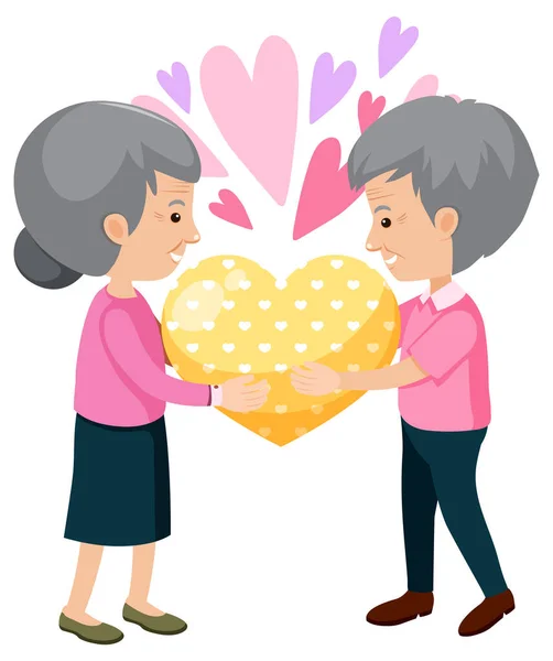 Vieux Couple Tenant Coeur Jaune Ensemble Illustration — Image vectorielle