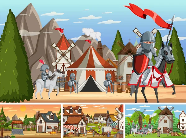 Set Von Verschiedenen Szenen Mittelalterliche Illustration — Stockvektor