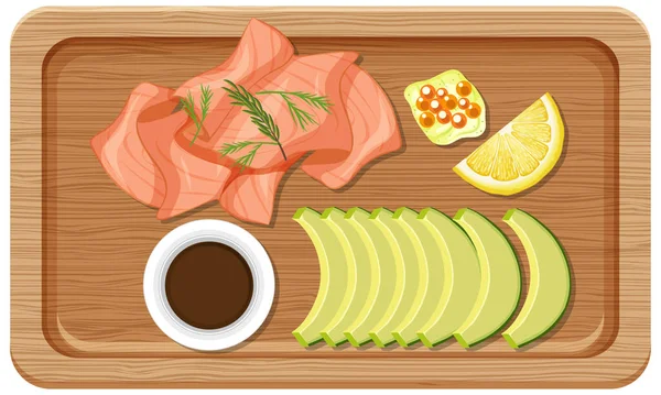 Top View Breakfast Wooden Tray Illustration — Stock Vector