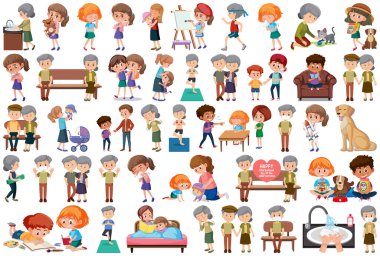 Çizgi film stili illüstrasyonunda farklı aktiviteler yapan insanlar