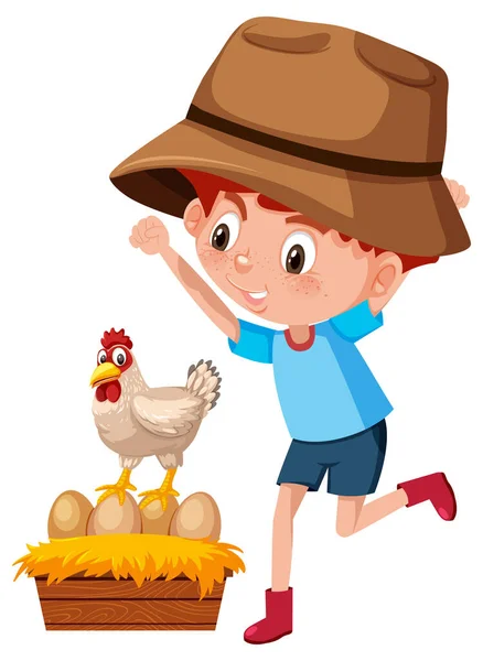 Молодий Фермерський Хлопчик Курячою Ілюстрацією — стоковий вектор