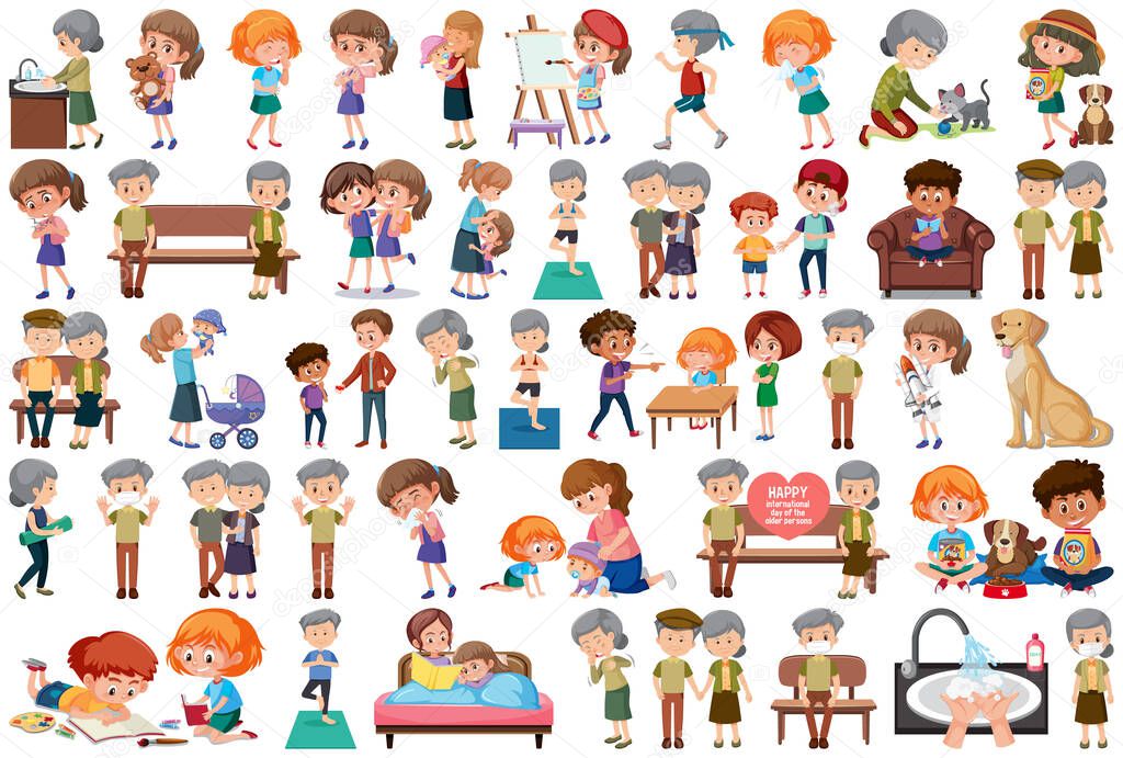 Set of different activities people in cartoon style illustration