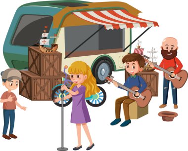 Beyaz arkaplan illüstrasyonunda performans sergileyen insanlar