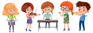 Oğlan ve kızlar beyaz arkaplanda müzik enstrümanları çalıyorlar.