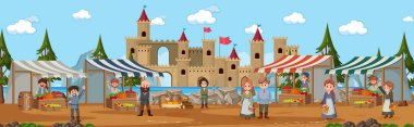 Pazar illüstrasyonunda köylülerin olduğu ortaçağ kasabası sahnesi