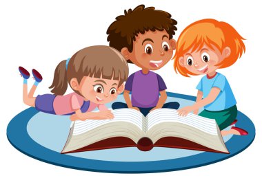 Beyaz arkaplan resimleriyle ilgili bir kitap okuyan üç genç çocuk.