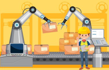 Montaj hattı robotlarıyla otomasyon endüstrisi kavramı