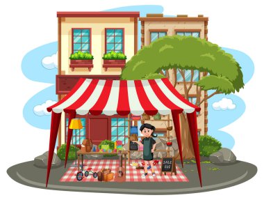 İkinci el giysi mağazası illüstrasyonlu bit pazarı konsepti