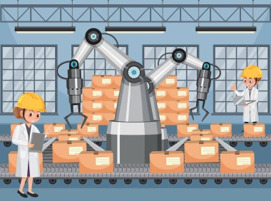 Montaj hattı robotlarıyla otomasyon endüstrisi kavramı