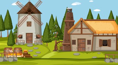 Köylülerin resimli olduğu ortaçağ kasaba sahnesi