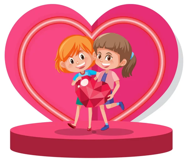 Twee Kleine Meisjes Staan Roze Hart Podium Illustratie — Stockvector