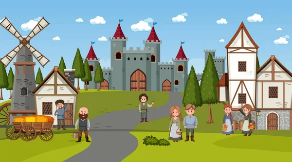 Medieval Town Scene Cartoon Style Illustration — Stock Vector