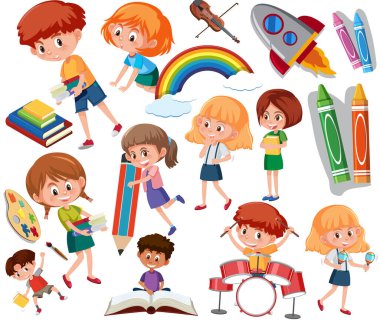 Farklı aktivitelerde bulunan birçok çocuğun koleksiyonu