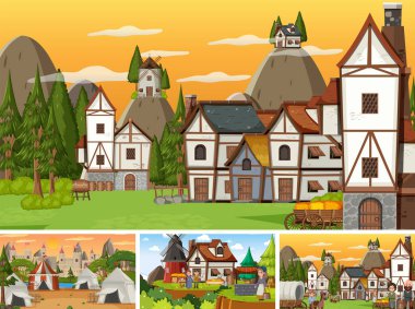 Farklı sahne ortaçağ illüstrasyonları