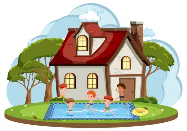 Havuzda yüzen çocuklarla birlikte evin önünde.