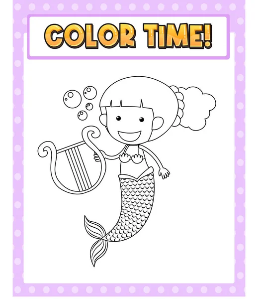 Worksheets Template Color Time Text Mermaid Outline Illustration — Stock Vector