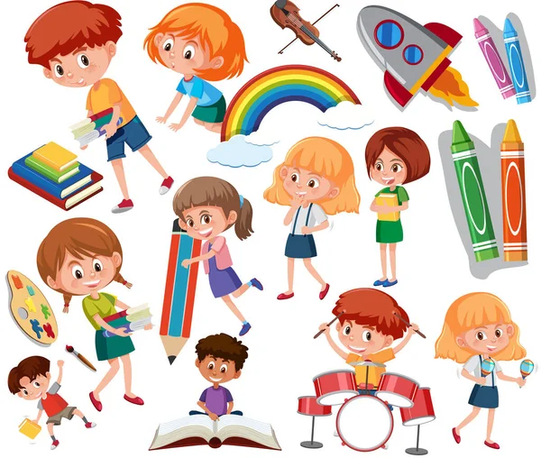 Collection Many Kids Doing Different Activities Illustration — Stock Vector