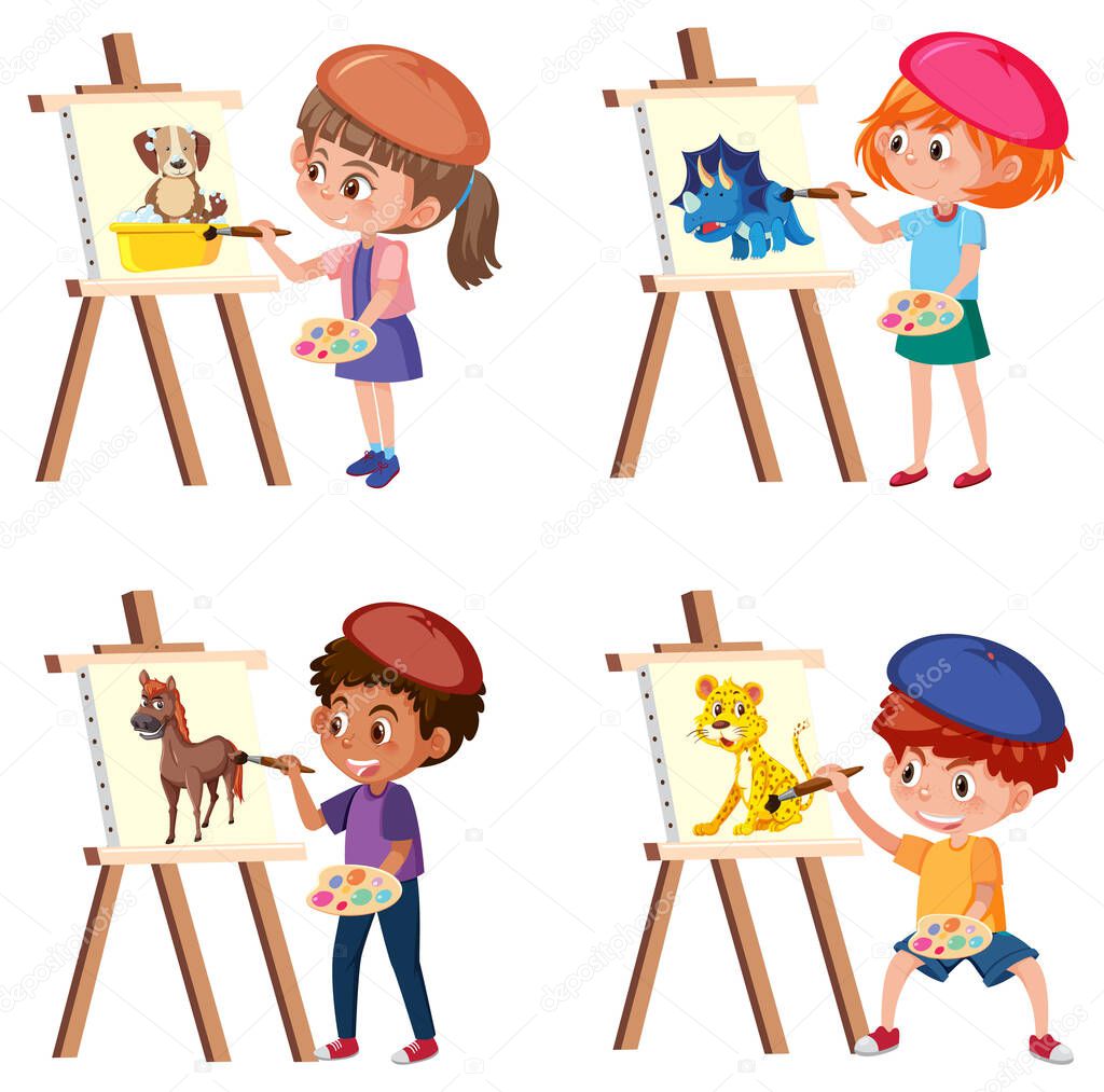 A set of boy and girl drawing on canvas illustration