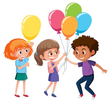 Beyaz arkaplanda izole edilmiş bir grup çocuk poz veriyor ve ellerinde balon karakteri tutuyorlar.