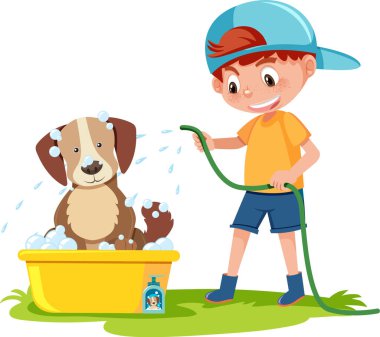 Küçük çocuk köpeğe banyo çizimi yapıyor.