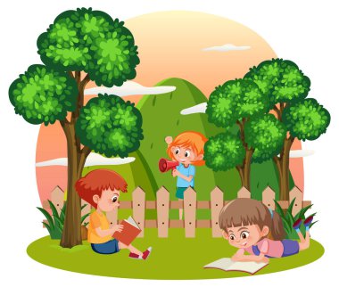 Bir grup çocuk bahçe illüstrasyonunda aktivite yapıyor.