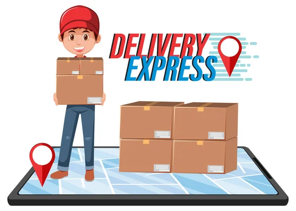 Delivery Express Schriftzug Mit Einer Kurier Zeichentrickfigur — Stockvektor