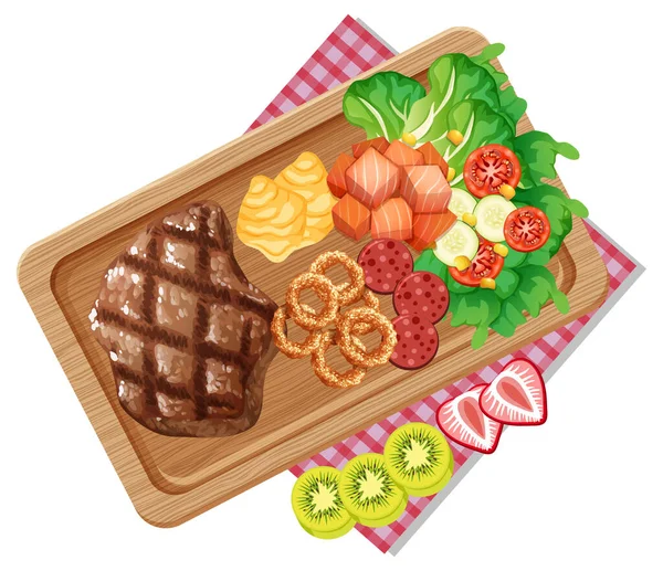 Top View Meat Steak Wooden Tray Illustration — Stock Vector