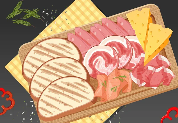 Κάτοψη Του Κρέατος Γεύμα Ξύλινο Δίσκο Εικονογράφηση — Διανυσματικό Αρχείο