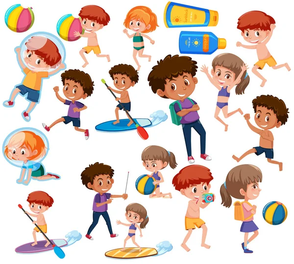 Coleção Muitas Crianças Fazendo Diferentes Atividades Ilustração —  Vetores de Stock