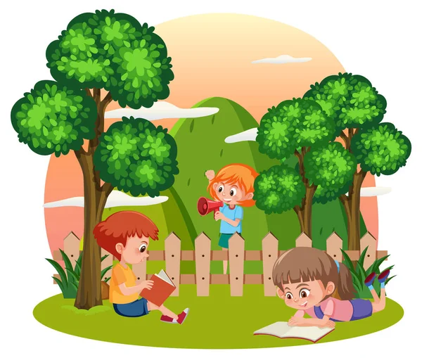Grupp Barn Som Gör Aktiviteter Trädgården Illustration — Stock vektor