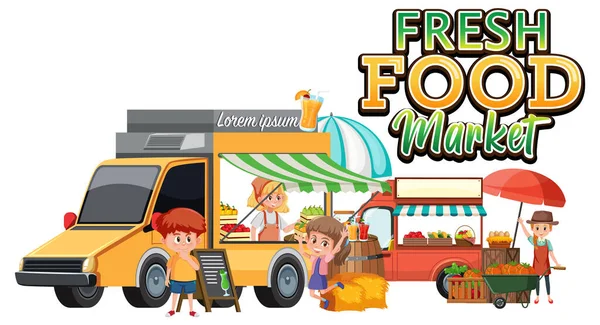 Flohmarkt Mit Frischen Lebensmitteln Cartoon Stil — Stockvektor