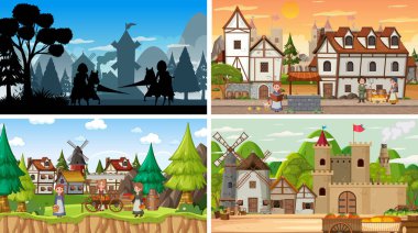 Siluet resimli farklı ortaçağ sahneleri.