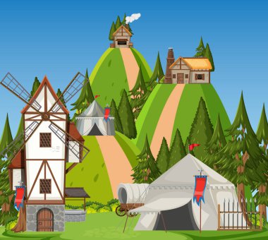 Küçük köy illüstrasyonlu ortaçağ açık hava sahnesi