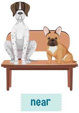 Prepostion kelime kartı tasarımı. Sandalye çizimi üzerinde köpekler.