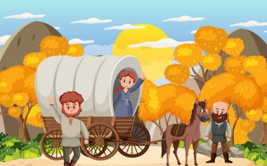 Köylülerin resimli olduğu ortaçağ kasaba sahnesi