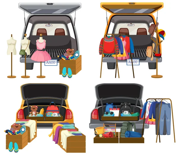 Flea Market Concept Set Different Car Boot Sales Illustration — Stock Vector