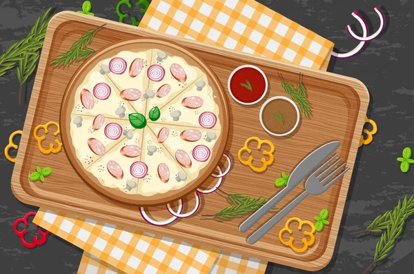 Vista Superior Pizza Queso Una Bandeja Madera Ilustración — Vector de stock