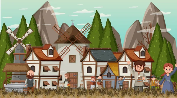 Medieval Town Scene Villagers Illustration — Stock Vector