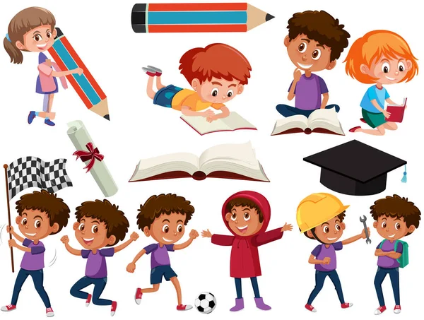 Coleção Muitas Crianças Fazendo Diferentes Atividades Ilustração — Vetor de Stock