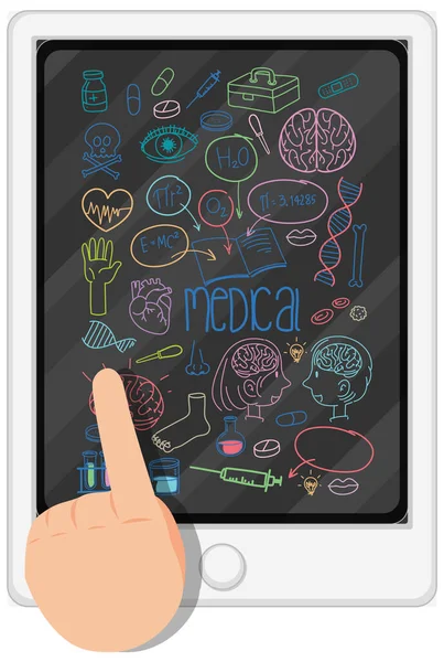 Medische Doodles Met Ipad Vinger Witte Achtergrond Illustratie — Stockvector