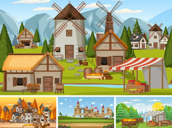 Farklı sahne ortaçağ illüstrasyonları
