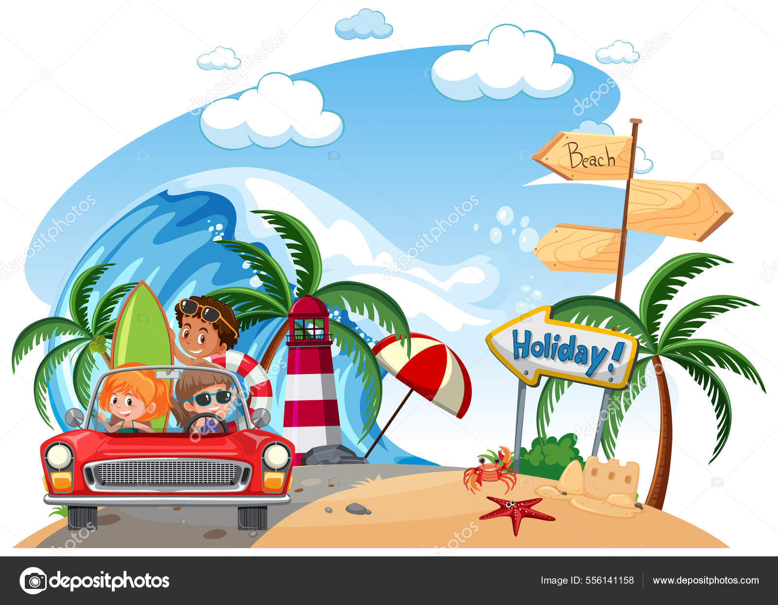 Vacation roadtrip beach many children illustration stock illustration