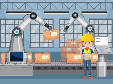 Montaj hattı robotlarıyla otomasyon endüstrisi kavramı