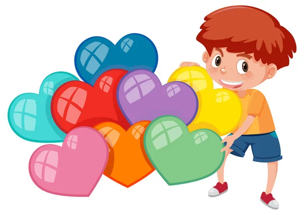 Diferentes Colores Corazones Con Una Ilustración Personaje Dibujos Animados Niño — Vector de stock