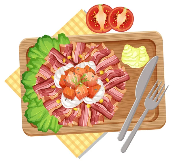 Top View Breakfast Wooden Tray Illustration — Stock Vector