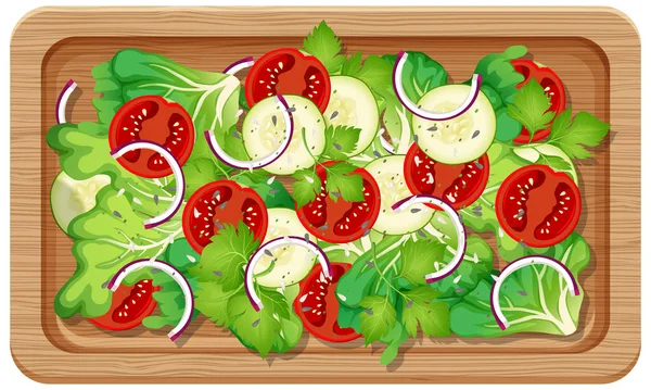 Top View Salad Wooden Tray Illustration — Stock Vector