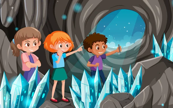 Crystal Σπηλιά Σκηνή Παιδιά Explorer Εικονογράφηση — Διανυσματικό Αρχείο