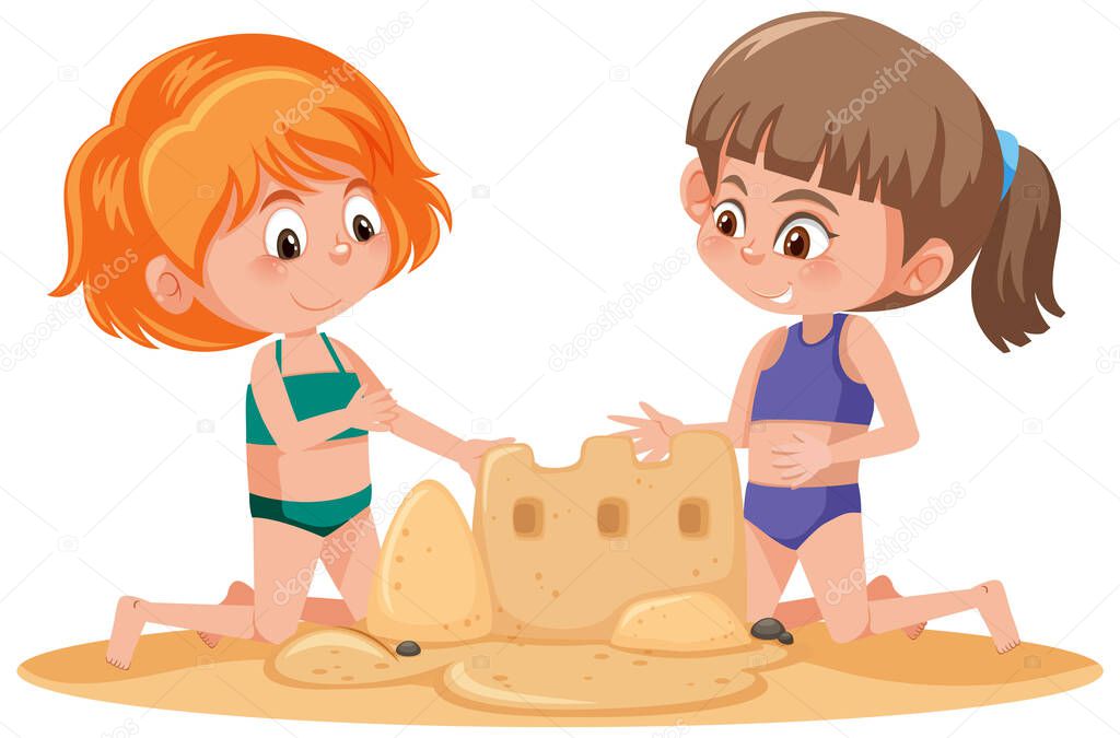 Two girl building sandcastle on the beach illustration