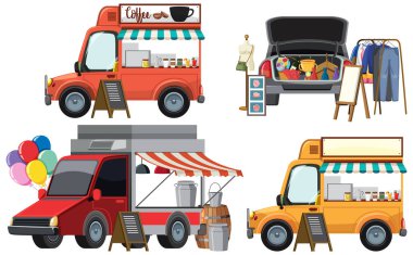 Farklı araba çizme resimleriyle bit pazarı konsepti