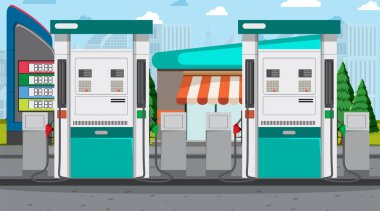 Benzin istasyonu karikatür sahne illüstrasyonu